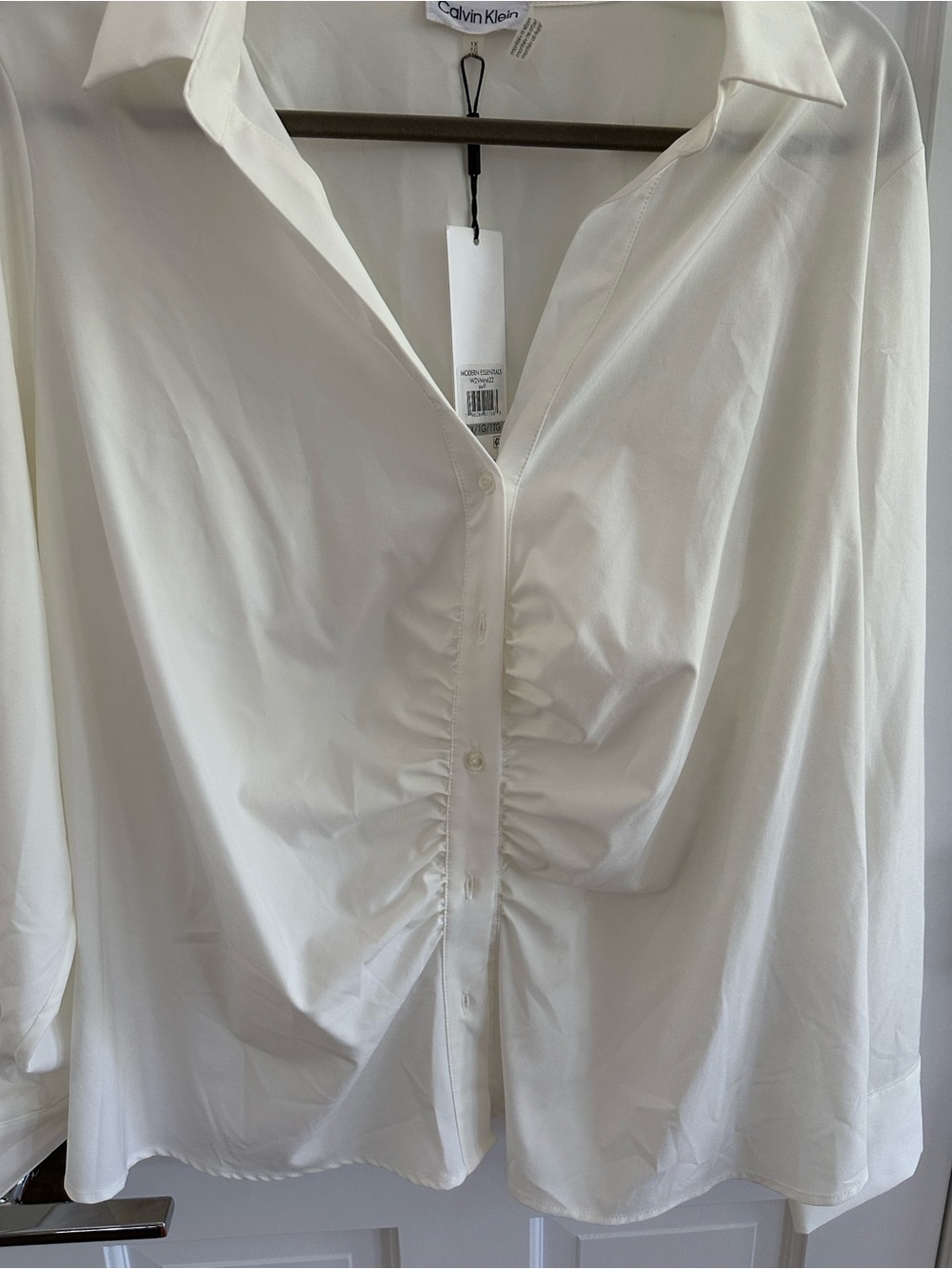 Calvin Klein Ivory Ruched-Front Button Down Shirt - Picture 3 of 6